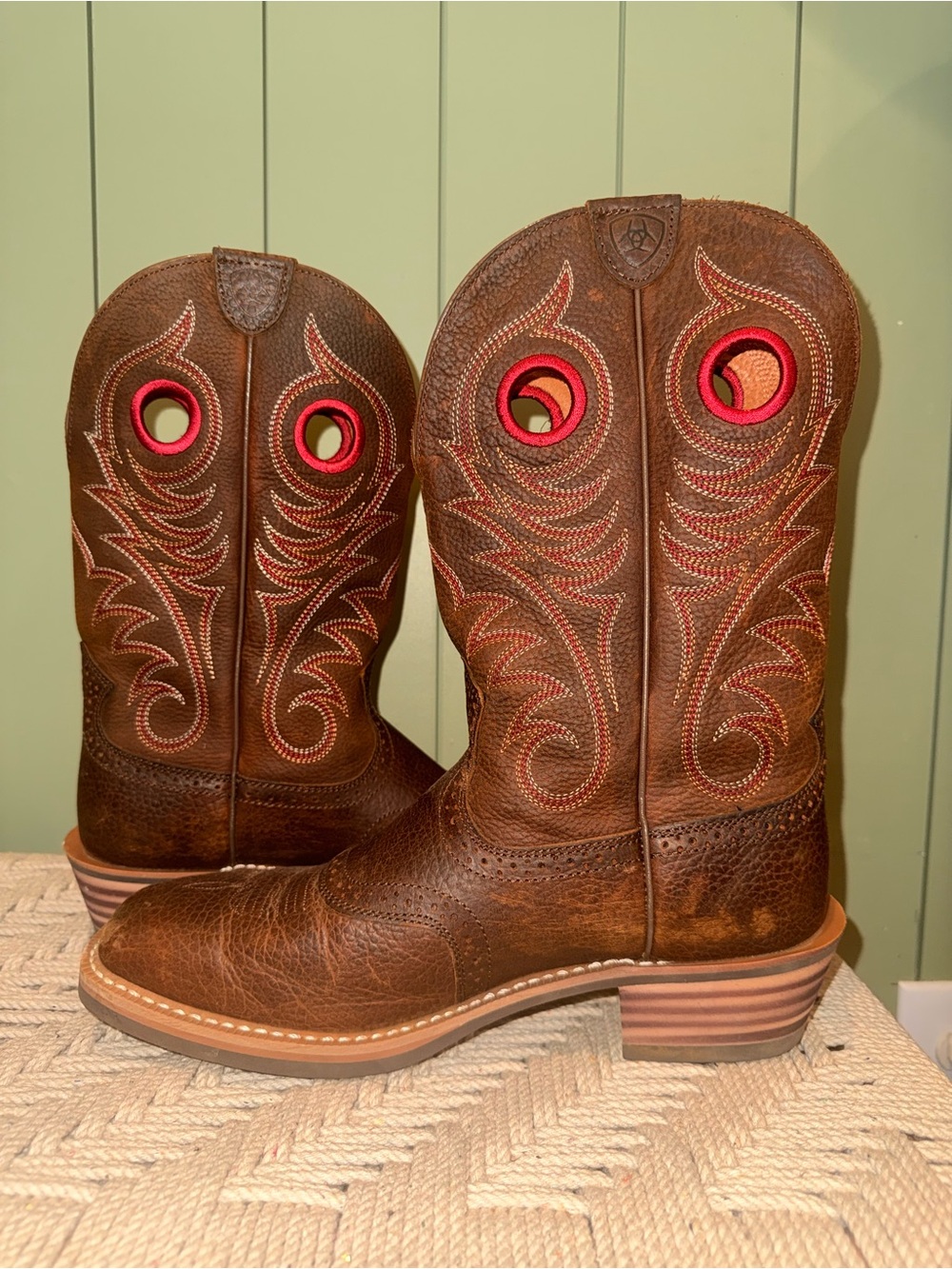 Ariat Brown Leather Cowboy Boots with Red Accents
